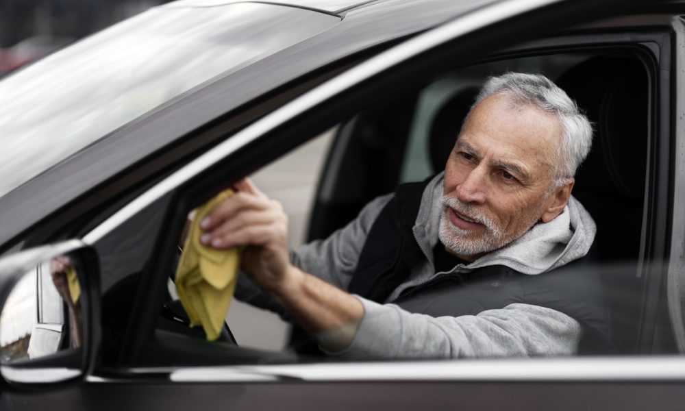 Close up of bearded senior man, autoservice worker with microfiber cloth, cleaning car interior